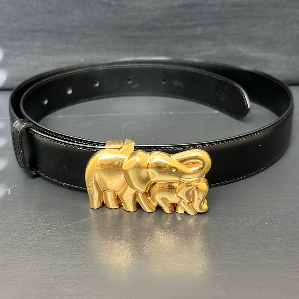 Cartier Gold Elephant Buckle Leather Belt